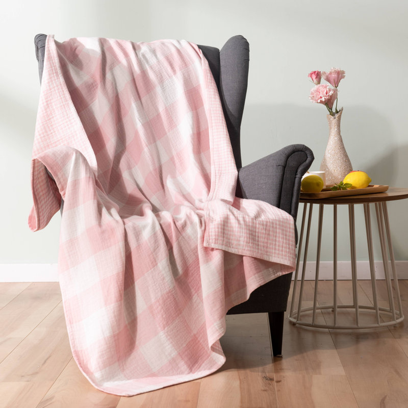 Queen Pink Cotton Muslin Reversible Throw Blanket