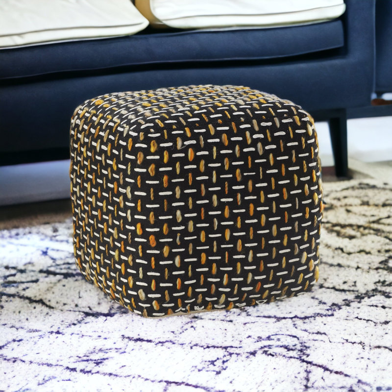 16" Polyester Ottoman, Black/White/Orange