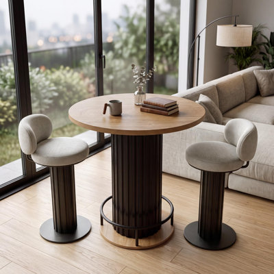 Table de bar ronde avec piètement ondulé en fer et repose-pieds, table haute de style bistro pour petits espaces, chêne