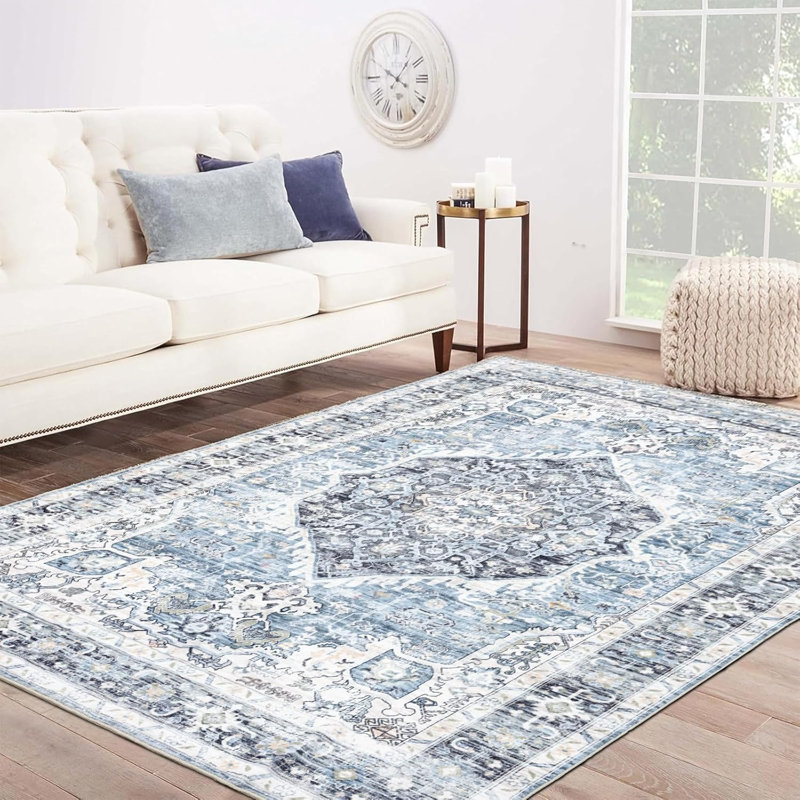 Tapis lavable rétro 9 pi x 12 pi Boho - Ultra-doux à poils courts, antidérapant, bleu clair