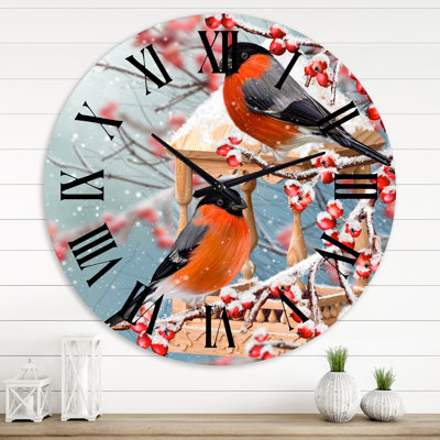 Deux tits assis sur une branche enneigée - horloge murale traditionnelle