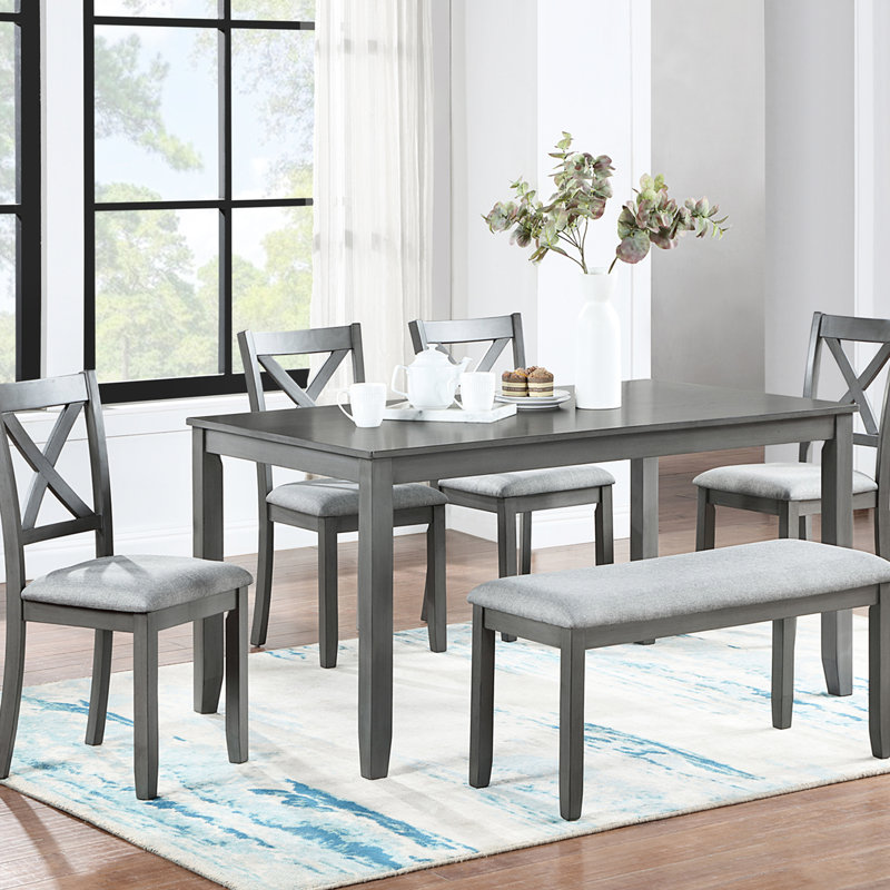 Table de salle à manger rectangulaire grise en bois 6 avec 4 chaises et banc, assemblage facile pour la maison et la cuisine 6 sièges gris