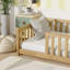 Structure de lit simple avec clôture sans porte, structure en bois d'hévéa avec barrière de sécurité-1186545570