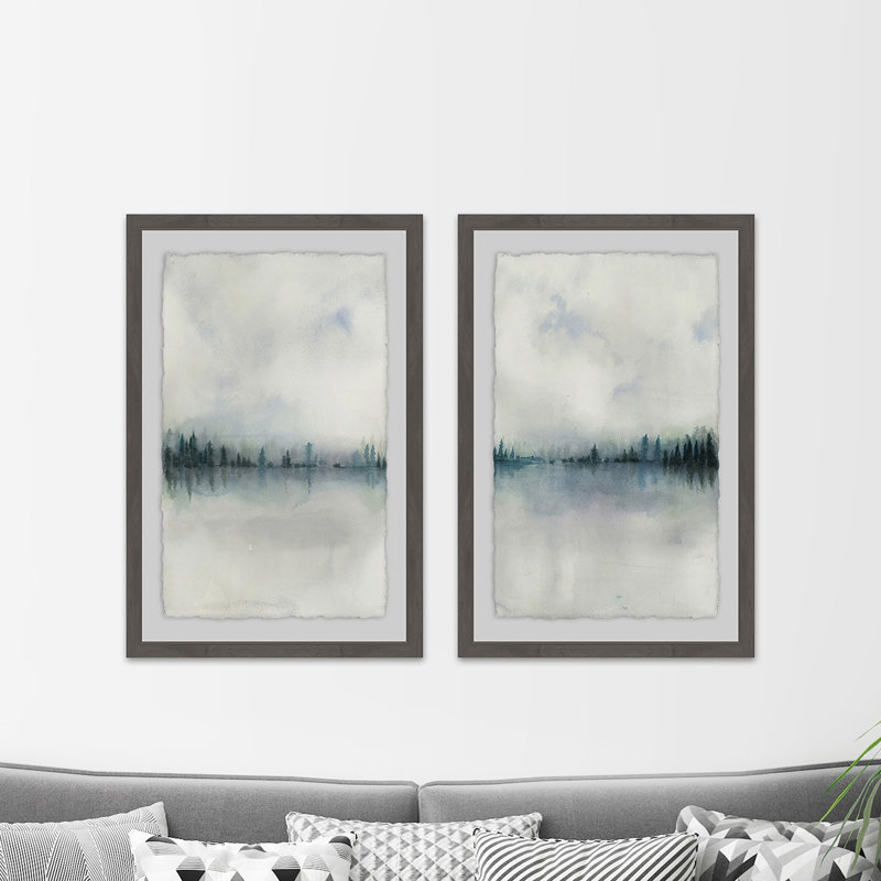 « -2 pièces », ensemble de 2 reproductions d’art sur papier à motif de aquarelle cloudy lake, H 36 po x L 24 po x L 1,5 po