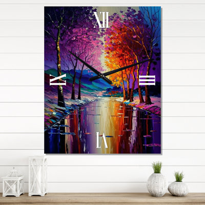 Colourful Trees At Sunset By The Riverside I - Landscape Forest Modern Wall Clock