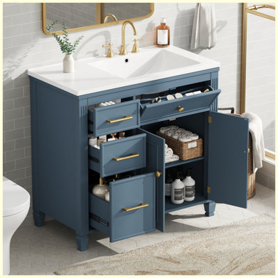 Ensemble de meuble-lavabo autoportant 36 po avec lavabo en céramique 36 po et 3 tiroirs latéraux, tablette réglable