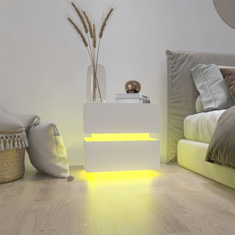 Table de chevet 2 tiroirs blanche brillante avec table de chevet à lumière RVB avec contrôle Bluetooth