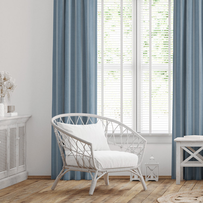 Shay Broad Ticking Stripe Cornflower Cotton Simple Top Pocket Drapery Panel Set of 2, 50" W x 108" L
