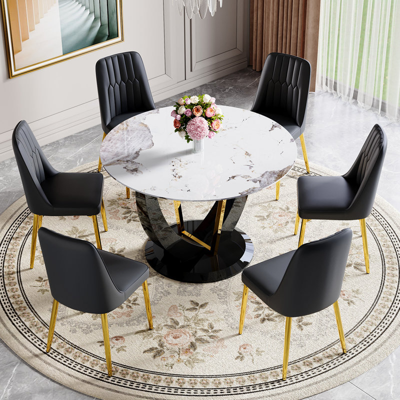 48" Modern Round Dining Table For 4-6 With Tempered Glass Tabletop, White/Black, 7 Pieces: Table, 6 Chairs