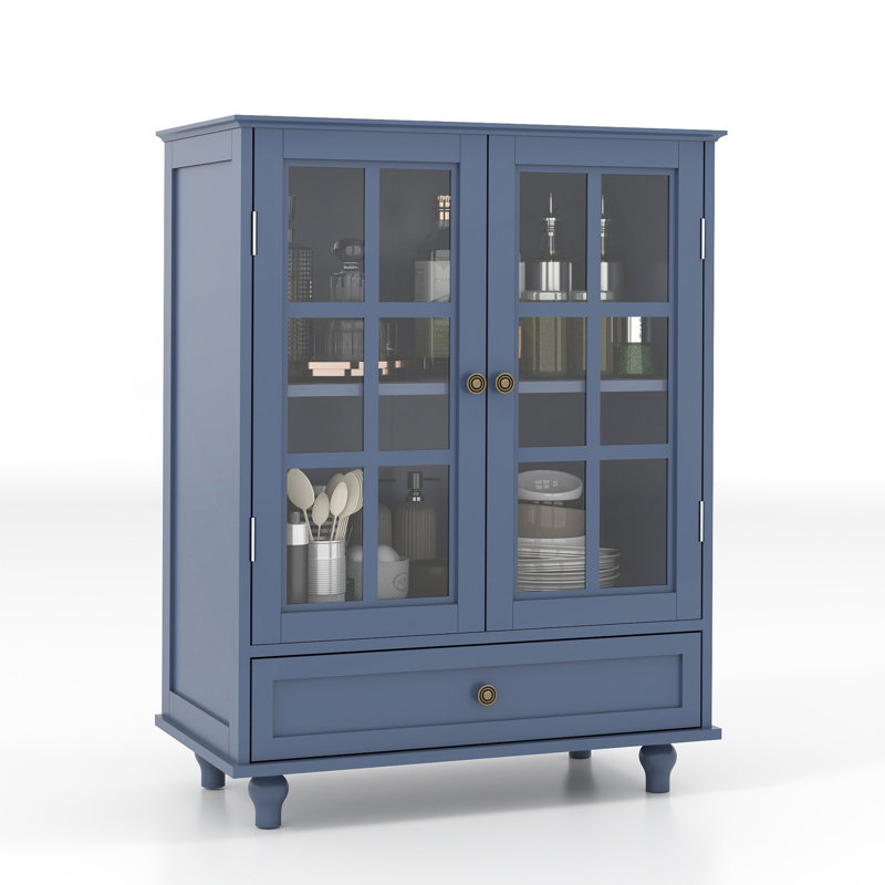Buffet Minimalisme avec portes doubles en verre et tiroir, buffet de rangement moderne, Blue