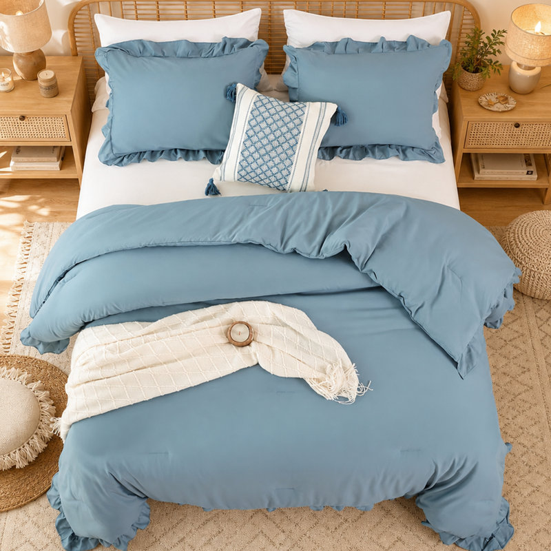 Ruffle Comforter Set 3 Pieces-Bedding for All Seasons Fluffy Vintage Farmhouse Comforter With Two Pillowcases, Mineral Blue
