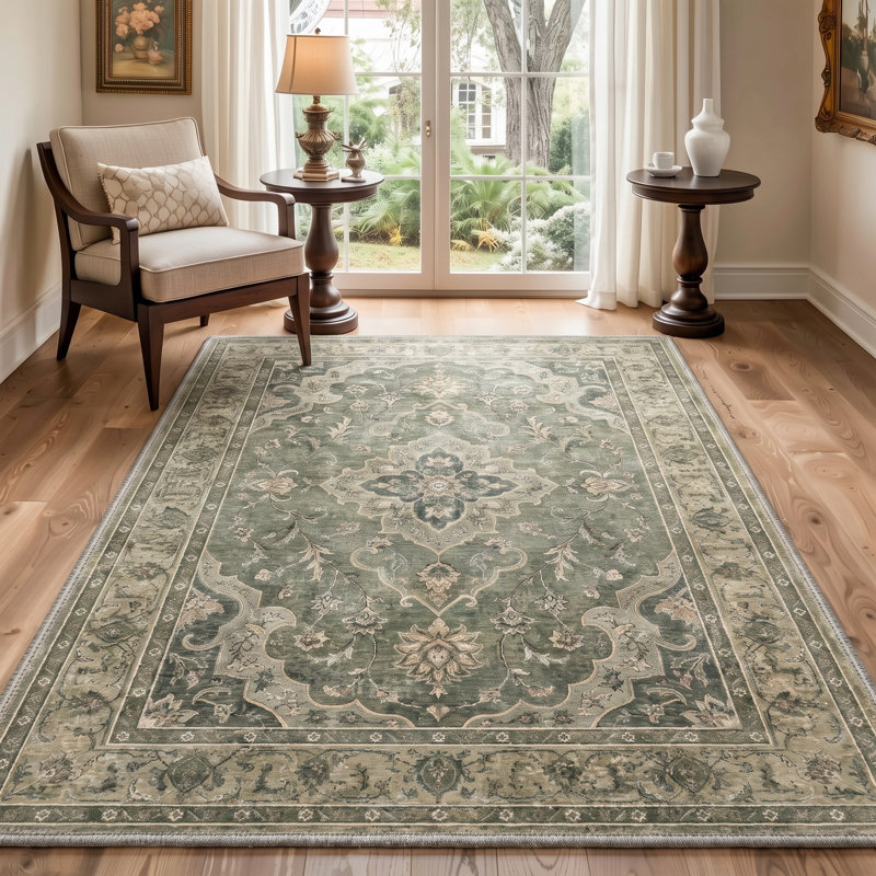 Tapis oriental vert / gris lavable à la machine avec envers antidérapant, Rectangle 9 pi x 12 pi