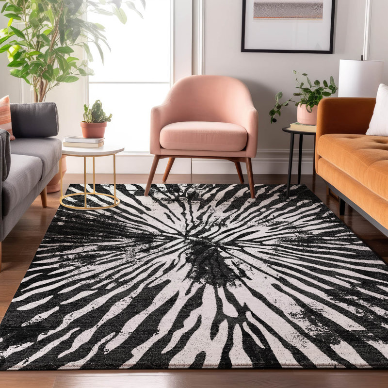Premium Machine Washable Prisco Black Rug, Rectangle 5' x 7'6"
