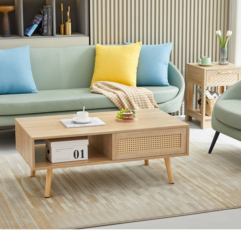 Table basse de 40,57 po, pieds en bois massif, porte coulissante, table de salon indispensable avec chambre moderne, naturel