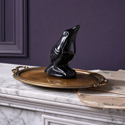 Hand-Carved Crow Statue Gothic Black Bird Decor For Home Office Bookshelf