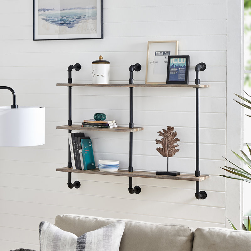 Aurora Rustic Black Iron and Wood 3-Tier Wall Shelf
