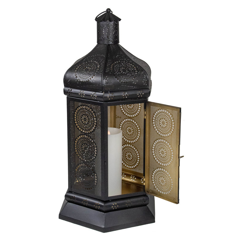 21.5" Moroccan Style Pillar Candle Table Lantern, Black/Gold