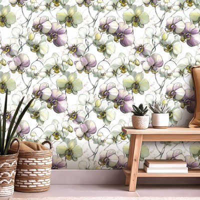 Peler et coller le papier de contact Papier aquarelle de luxe Art mural floral botanique Orchidée élégante auto-adhésive et amovible 24 po x 118 po (60 x 300 cm)