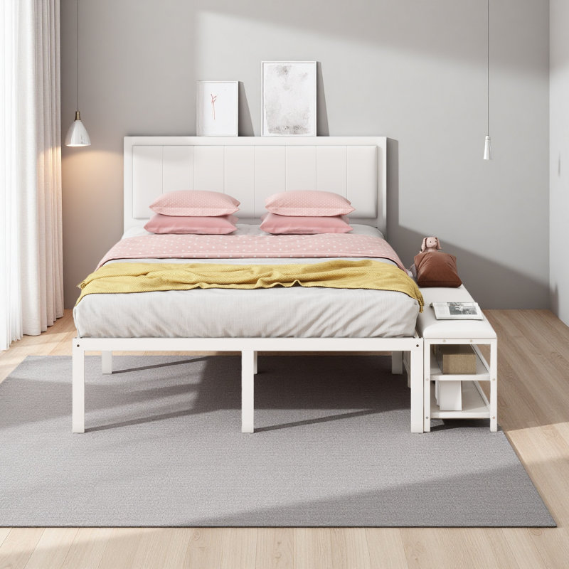 Lit plateforme en métal avec tablettes de rangement à deux niveaux, armoire de rangement en bois, Blanc, Lit double