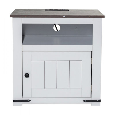 Farmhouse End Table, Square Night Stand with USB Ports and Outlets, 3 Tiers End Table Side Table Coffee Table with Storage Cabinet, Ideal for Living Room, Bedroom, Office
