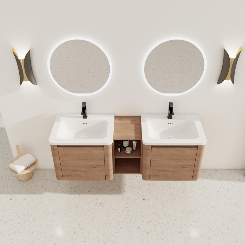 Wall-Mounted Bathroom Vanity with White Ceramic Sink and Storage Shelves & Soft-Close Door, 60"