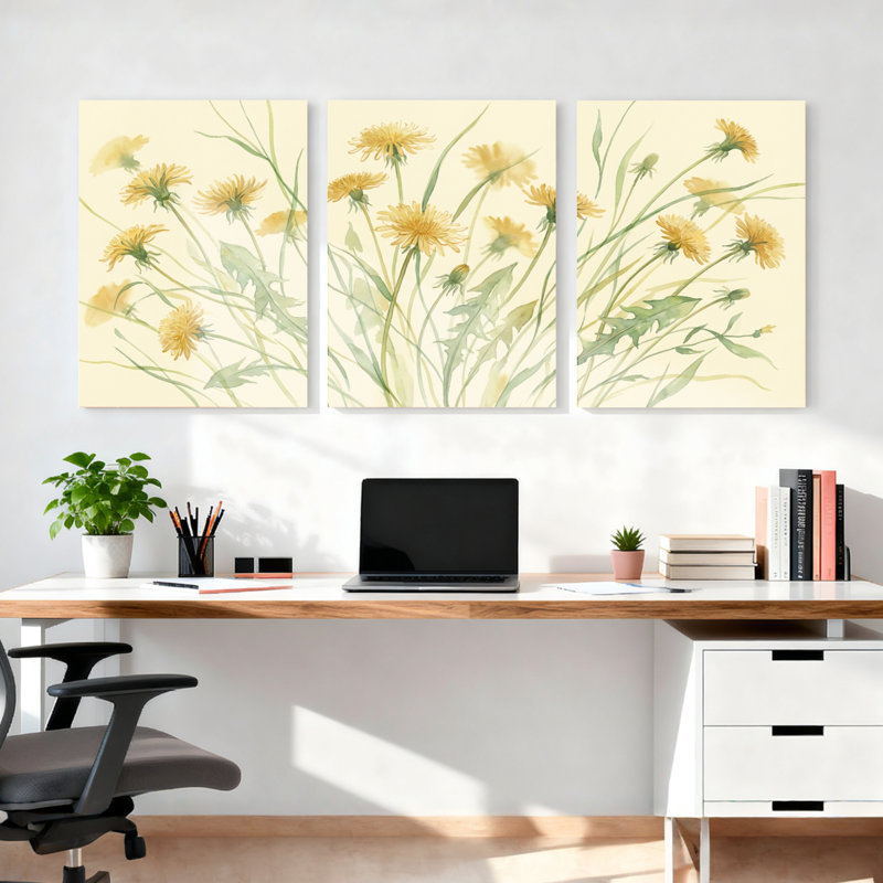 Pissenlit floral aquarelle sur toile tendue ensemble de 3 pour le salon chambre à coucher, H 36 po x l 72 po