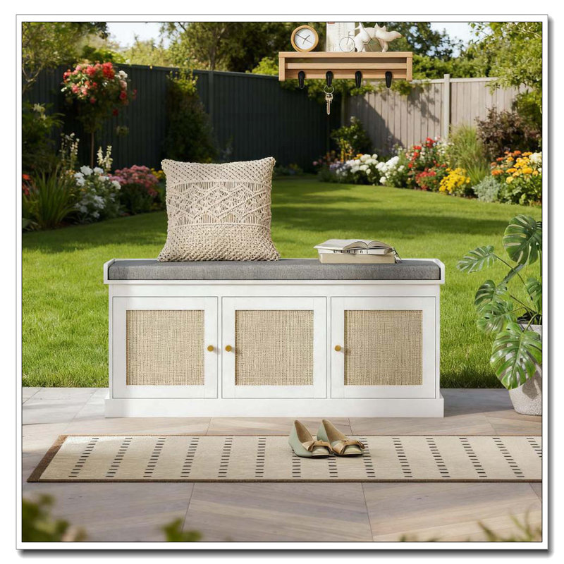 Banc de rangement pour chaussures avec portes en rotin tissé, banc de chaussures avec coussin, Blanc / Gris