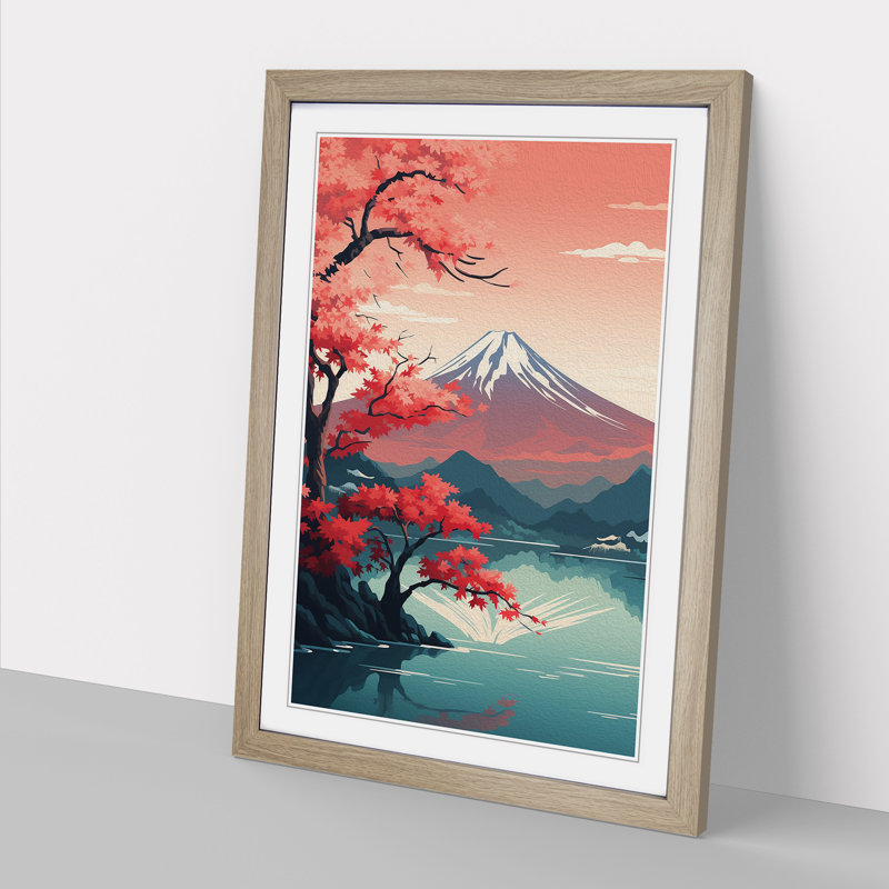 Mount Fuji Art Deco No.2 - Single Picture Frame Print on Wood, 46cm H x 34cm W x 2cm D, Oak Framed