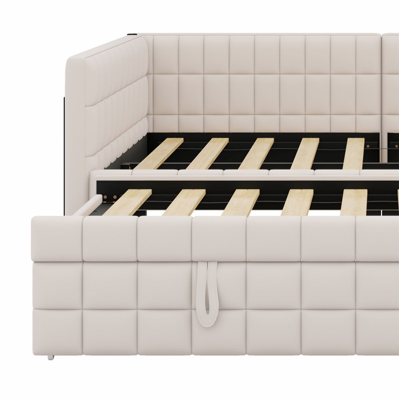 Lit de jour rembourré en L avec couchette escamotable et ports USB, Beige