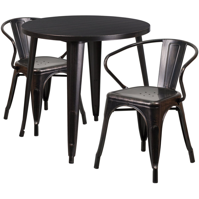 Duluth 30'' Round Metal Indoor-Outdoor Table Set with 2 Arm Chairs, Black / Antique Gold, 29" H x 24" W x 24" L