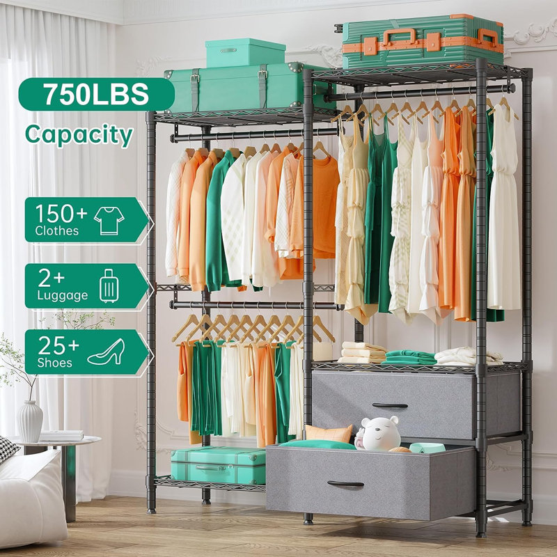 Black Adjustable Heavy Duty Clothing Rack with Gray Drawers