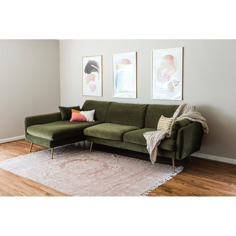 Olive Velvet Left-Facing Sectional Sofa with Gold Legs