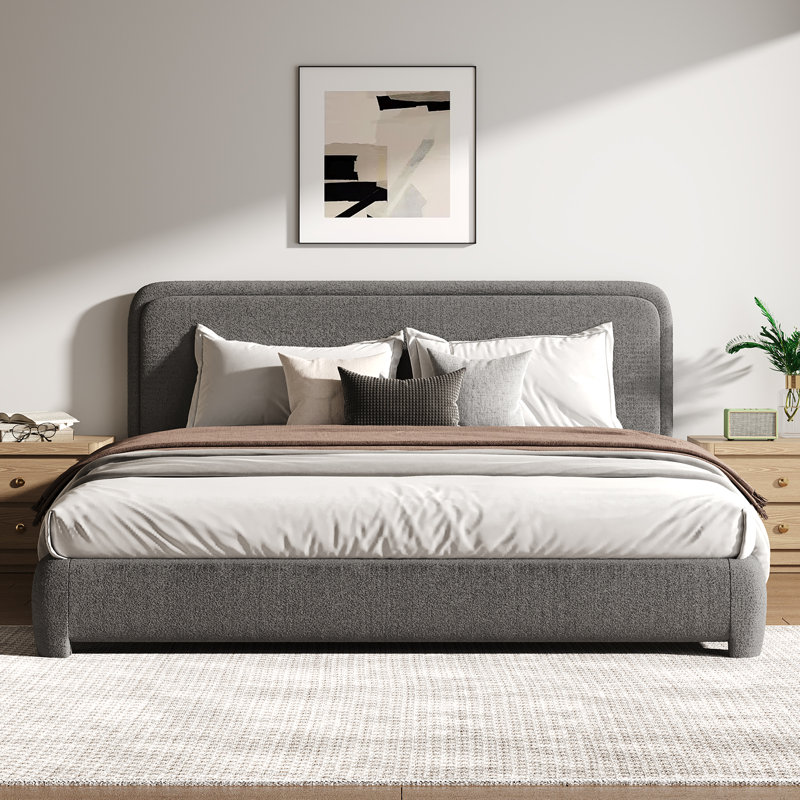 Bensu Boucle Upholstered Platform Bed, Gray, King