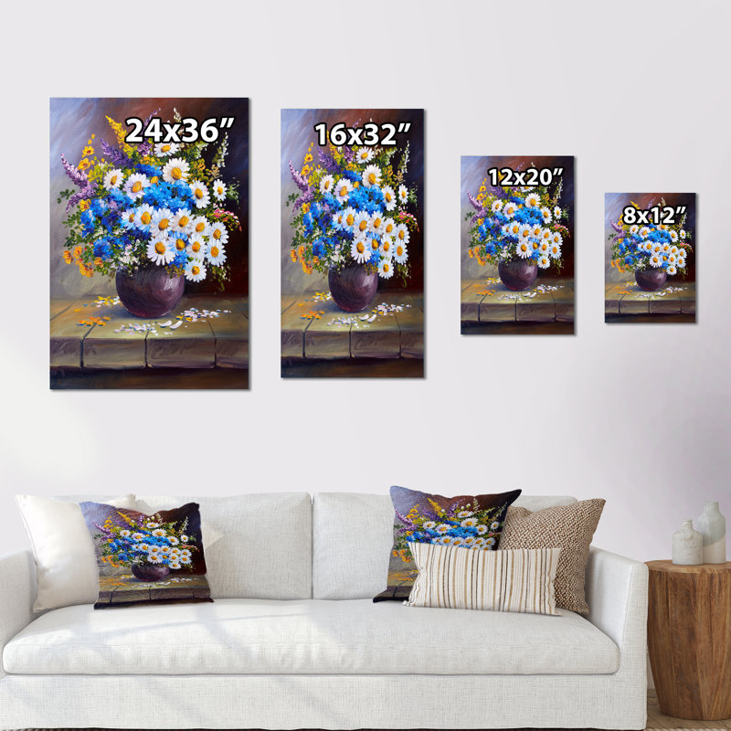 Pot de fleurs marguerites bleues et blanches - Peinture, H 12 po x l 8 po, Toile tendue