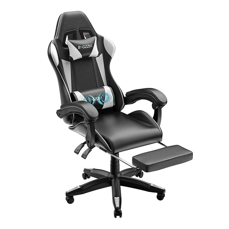 Ergonomic Game Chair with Massage Lumbar Support and Footrest Swivel, Black/White