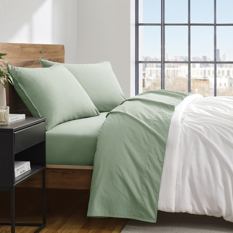 DKNY Vintage Washed Cotton Sheet Set Green, Green, Queen Sheet Set