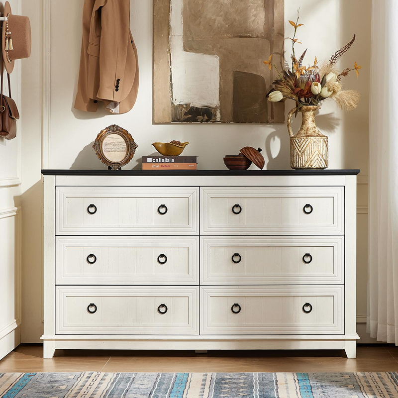 Commode en bois à 6 tiroirs de style champêtre pour chambre et salon, Blanc/Noir
