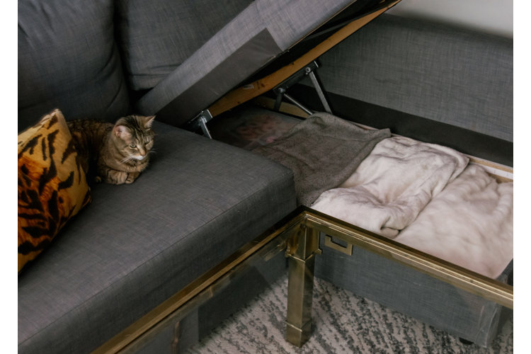Grey Storage Couch with blankets