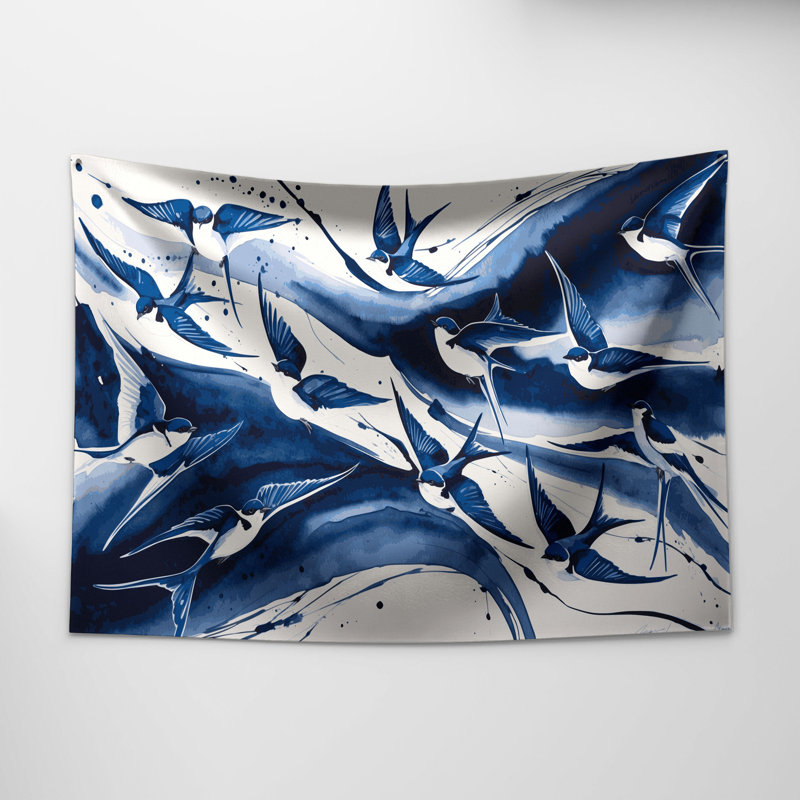 Tapisserie murale oiseaux bleu et blanc hirondelle, 68 po x 80 po