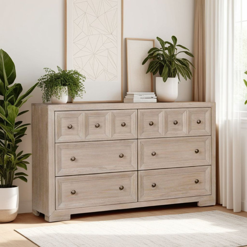 Commode large Kizie, 6 tiroirs, bronze, bois massif, 62 pouces, Beige