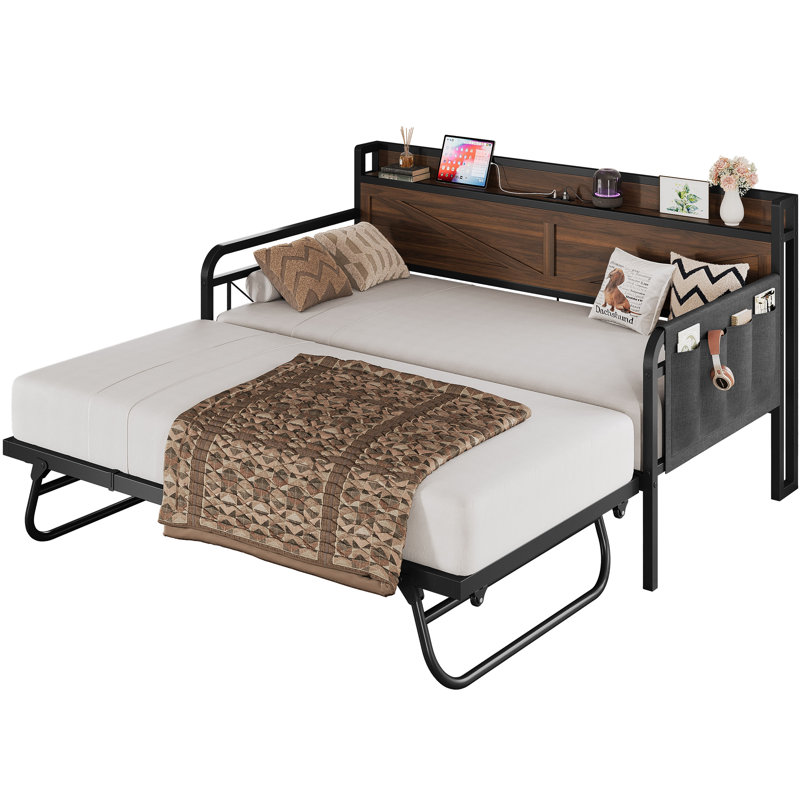 Twin Daybed with Pop Up Trundle, Storage Headboard and Charging Station, Strong Support, Walnut, Walnut