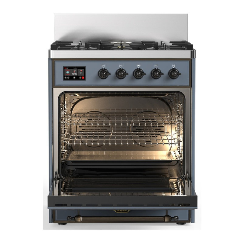 Majestic III Series 30 Inch Dual Fuel Range with 5 Sealed Burners in White (Liquid Propane, Burnished Trim), Blue Gray