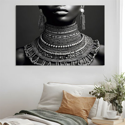 2D Flat, 1Pc Framed Canvas Wall Art, African tribal women, silver jewelry necklaces and earrings, realistic portrait style Art Print Canvas Poster Painting Room Wall Decor, Ideal Gift For Bedroom Living Room Hallway Dorm, Ready To Hang