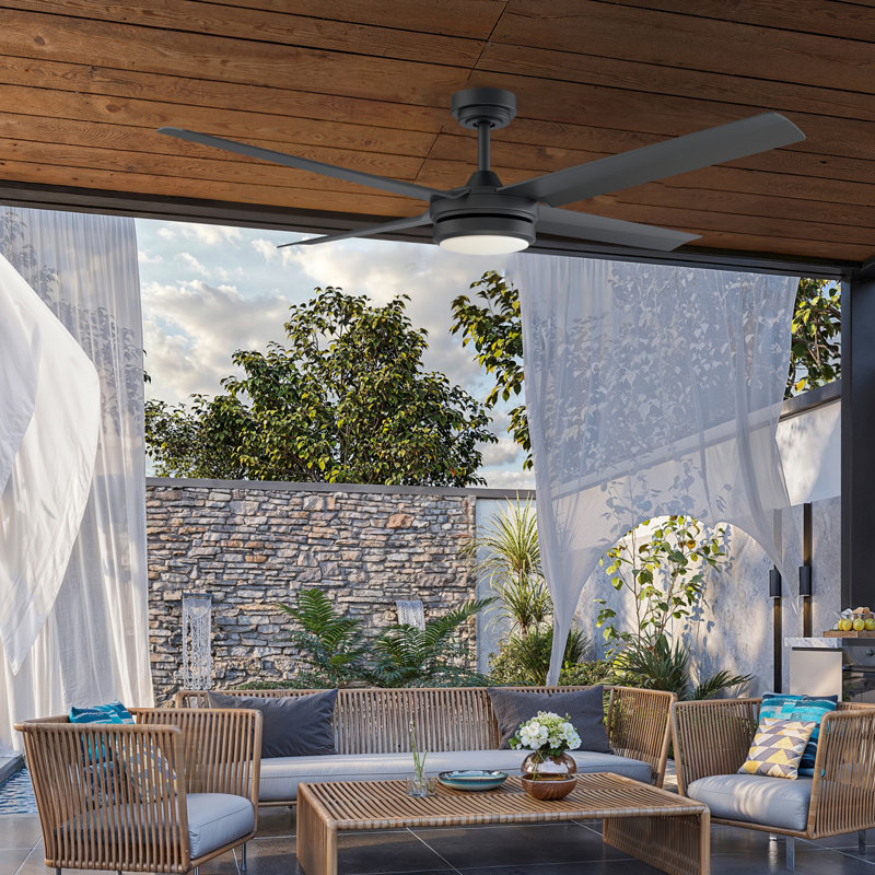 Burslem 56'' Indoor / Outdoor Ceiling Fan with Light and Remote, Color Changing LED, 6-Speed, 4-Blade, Quiet DC Motor – Matte Black