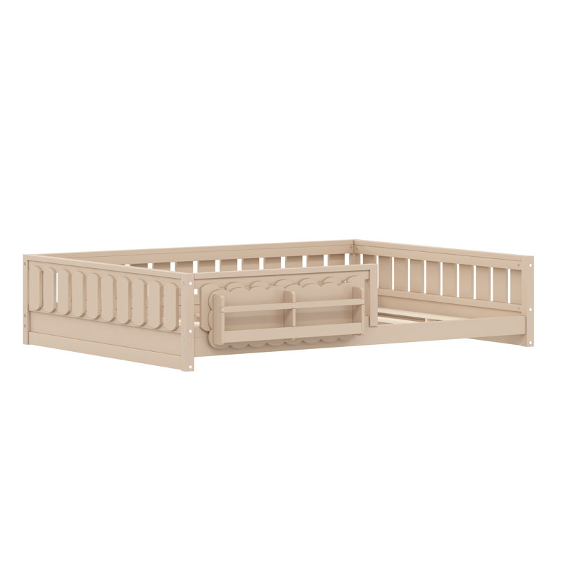 Lit plateforme en bois pleine grandeur avec garde-corps et tablettes de rangement pour enfants - bois de pin massif, robuste, sans sommier, naturel