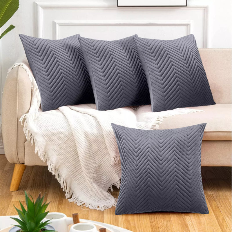 Luxury Chevron Embossed Quilted Pattern Velvet Cushion Cover Set (4-Pack) - Soft Throw Cushion Cover for Home Décor, Grey