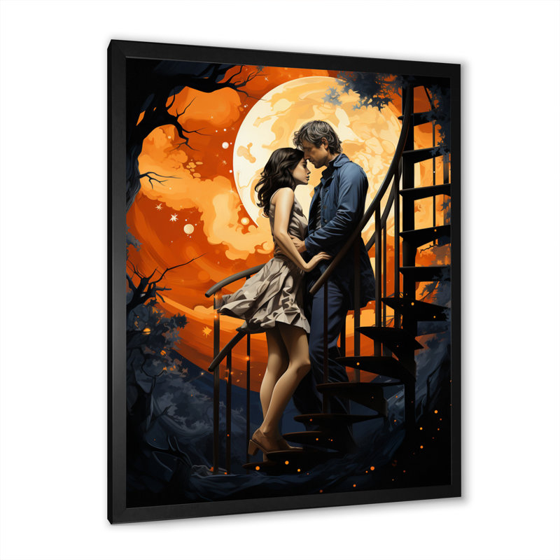 Couple romantique au ciel II - reproduction sur toile, H 20 po x l 12 po x P 1 po, Cadre simple noir