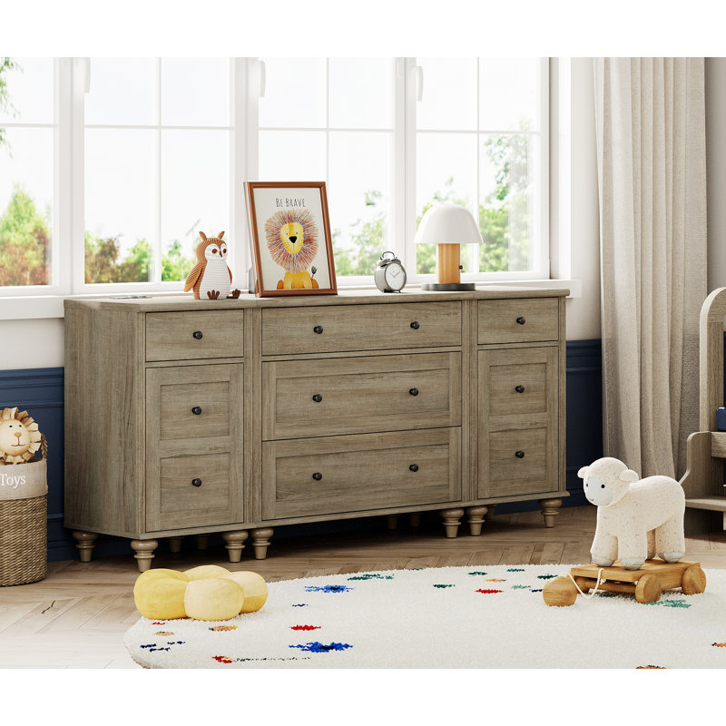 Mid Century Modern Kids Dressers With Charging Station, Dresser For Bedroom With 5 Drawers And 2 Storage Cabinet, Brown