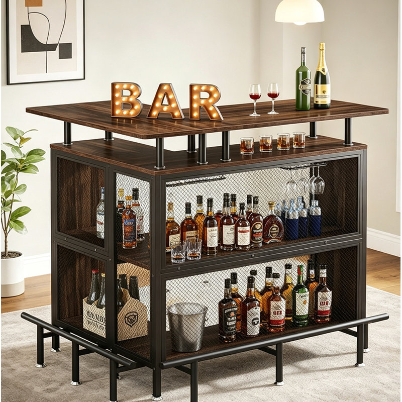 Bar en coin en L en métal et panneau de fibres à densité moyenne E1, support à verres à vin intégré et repose-pieds, armoire à liqueurs à rangement multiple