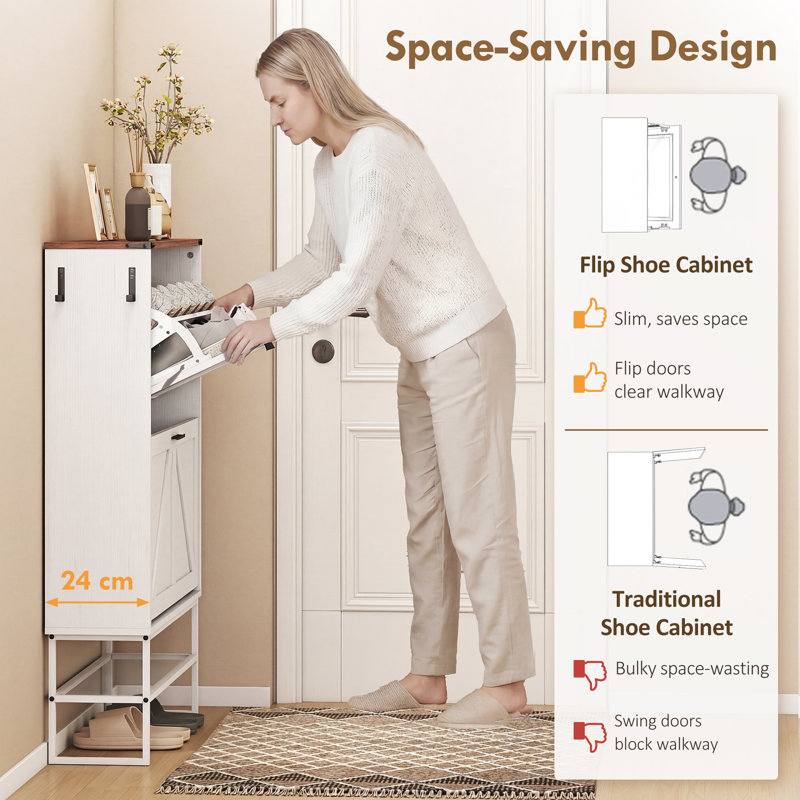 Armoire à chaussures étroite avec 2 tiroirs rabattables, Blanc